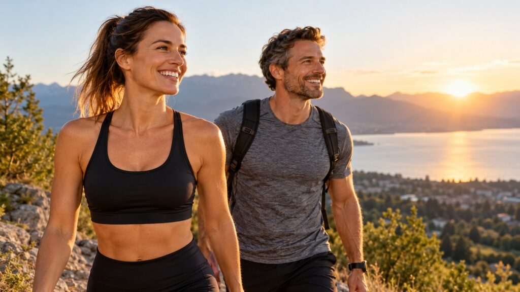 Aktives Paar beim Wandern – gesund abnehmen ab 30 und Muskulatur erhalten