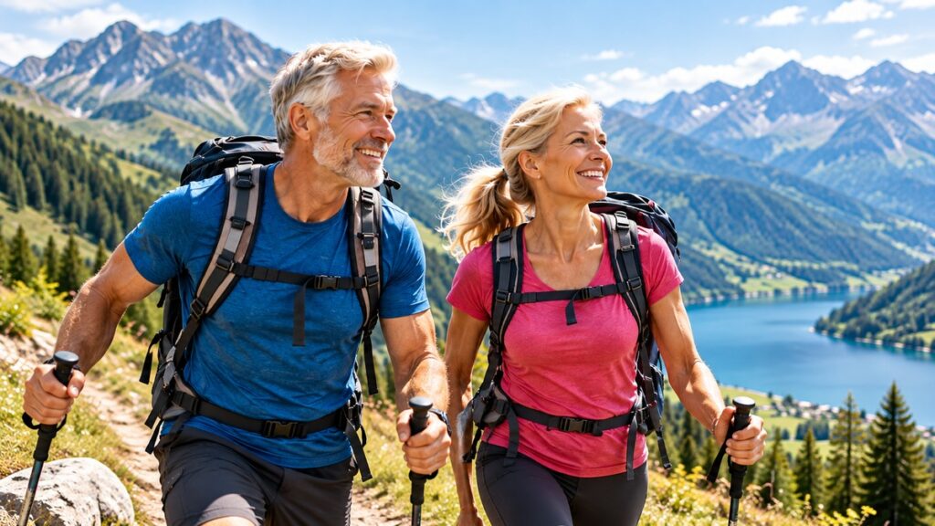 Aktives älteres Paar beim Wandern in den Bergen