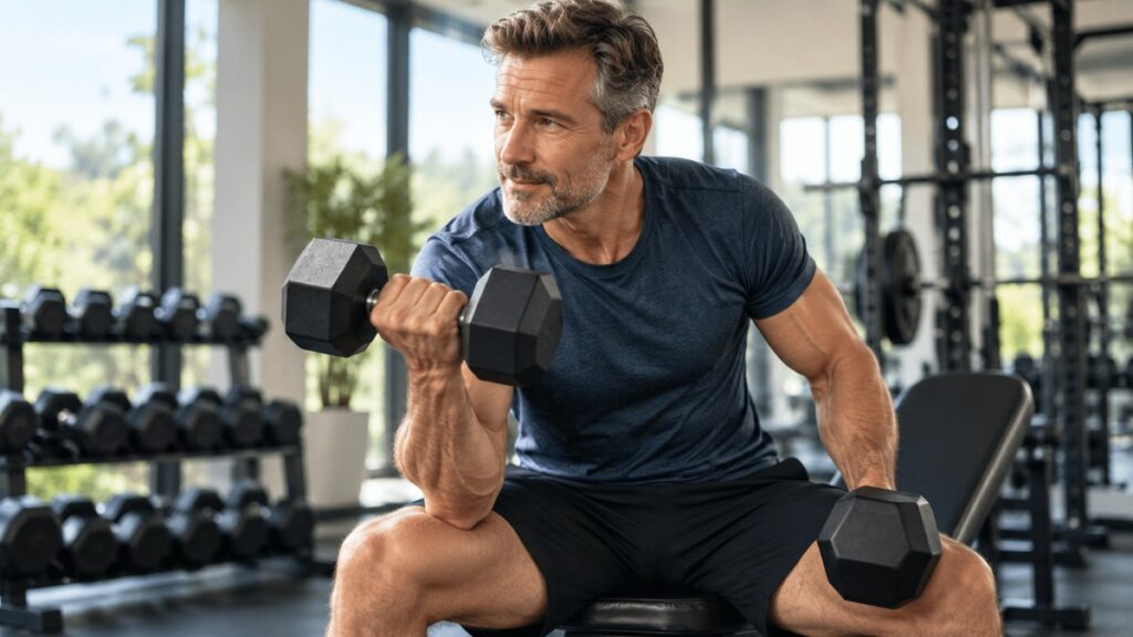 Mann mittleren Alters beim Krafttraining mit Kurzhanteln im Fitnessstudio